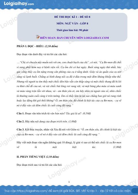 Đề số 8 - Đề kiểm tra học kì 1 (Đề thi học kì 1) - Ngữ văn 8